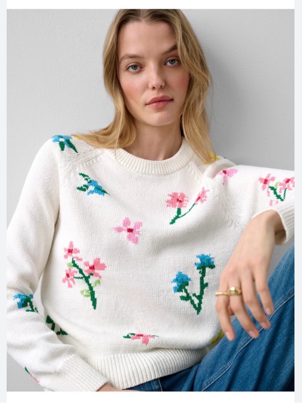 White + Warren Summer Floral Tape Crewneck Intarsia Sweater Anthropologie - M